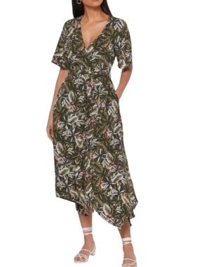 Banana Republic Tiger Leaf Wrap Midi Dress Asymmetrical Hem Petite 00
